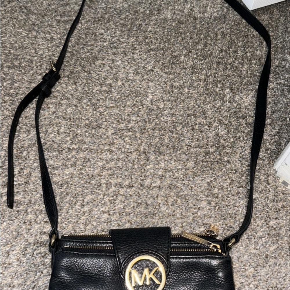 Michael Kors Black Leather Crossbody Bag with Gold Logo